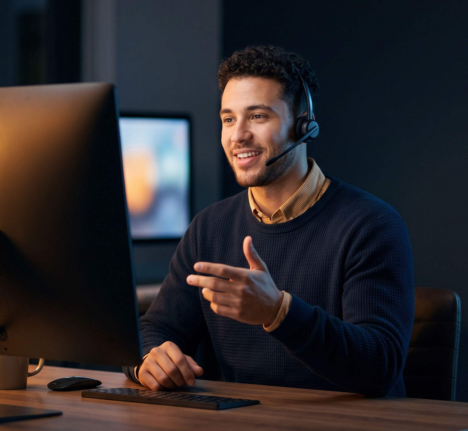 An advisor at the omni-channel agent desk, mid-conversation on a headset